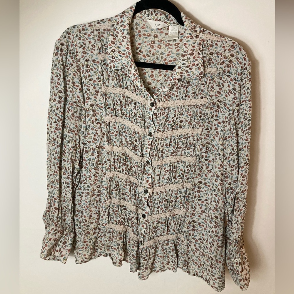 J Jill Women’s 2x Lightweight Long Sleeve Button Up Spring Floral Lace Blouse